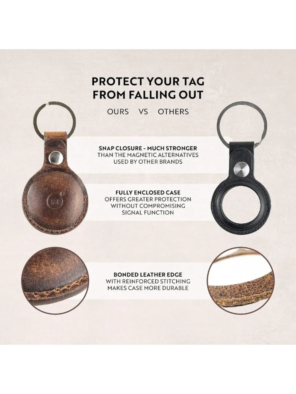 Genuine Leather AirTag Keychain Holder - Full-Grain Buffalo, Snap Closure, 4
